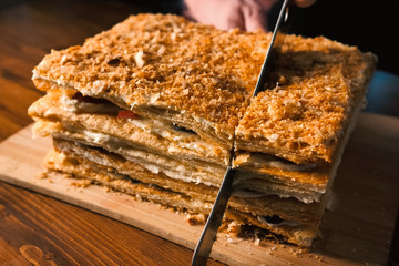 Puff pastry pie with cream and strawberry fruit