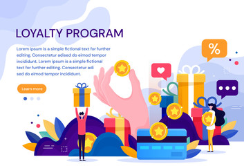 Customer loyalty marketing program, returning customer flat vector illustration with icons and elements. Flat Vector Illustration