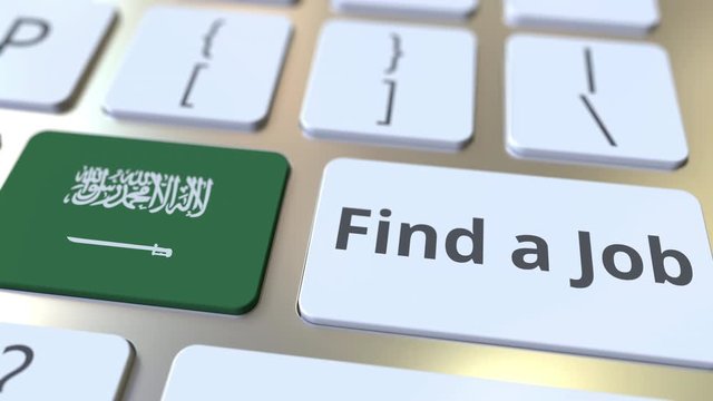 FIND A JOB text and flag of Saudi Arabia on the buttons on the computer keyboard. Employment related conceptual 3D animation