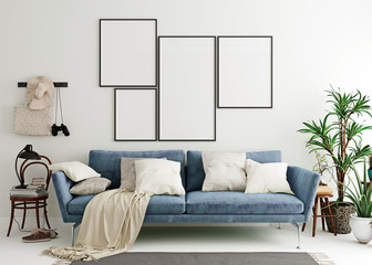 Mock up poster frame in steel blue modern interior background, living room, Scandinavian style, 3D render, 3D illustration