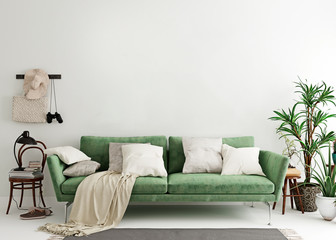 Mock up wall in olive green modern interior background, living room, Scandinavian style, 3D render, 3D illustration