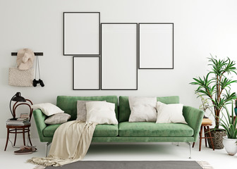 Mock up poster frame in olive green modern interior background, living room, Scandinavian style, 3D render, 3D illustration