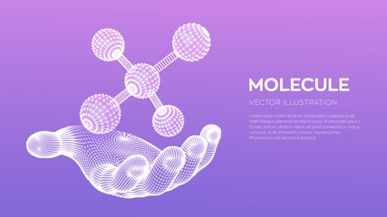 Molecule in hand. Dna, atom, neurons. Molecules and chemical formulas. 3D Scientific molecule background for medicine, science, technology, chemistry, biology. Vector illustration.