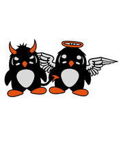 satan böser pinguin himmel engel heilig fliegen flügel gut gewissen hölle dämon tot verkleidung teufel hörner süß niedlich klein vogel cool comic cartoon clipart design