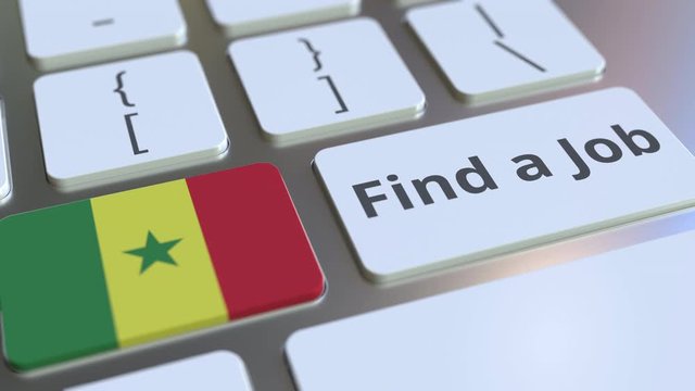 FIND A JOB text and flag of Senegal on the buttons on the computer keyboard. Employment related conceptual 3D animation