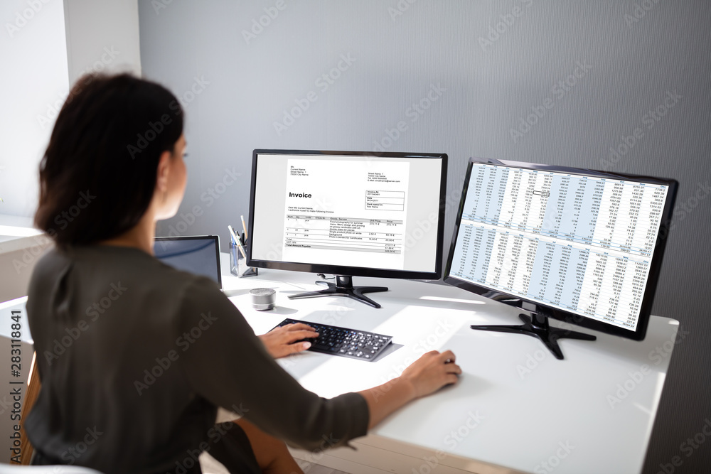 Poster businesswoman calculating invoice on computer