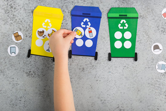 Recycling game design for children girl hands ecology education waste recycling concept