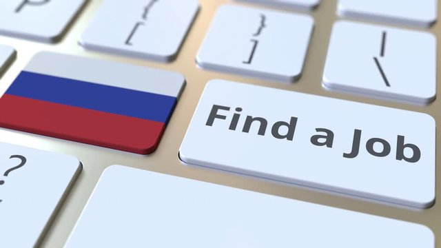 FIND A JOB text and flag of Russia on the buttons on the computer keyboard. Employment related conceptual 3D animation