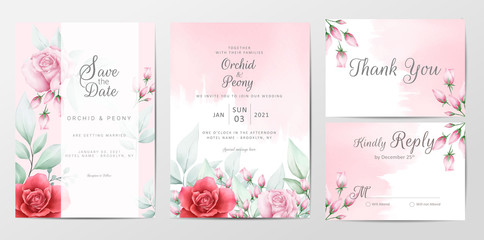 Fototapeta na wymiar Floral wedding invitation cards template with watercolor background