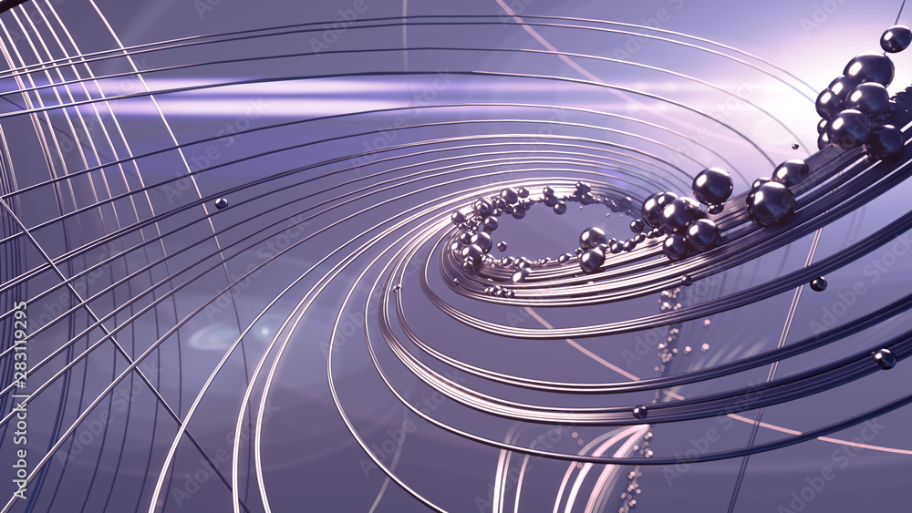 Poster abstract 3d rendering silver jewelry with shiny shapes beads surrounded by light mist