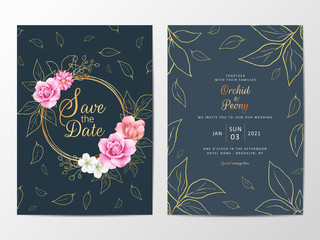 Golden watercolor wedding invitation cards template set