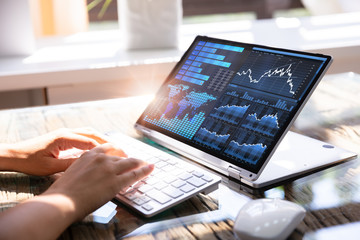 Woman Analyzing Graph On Laptop
