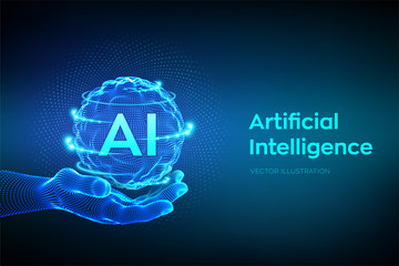 AI. Artificial Intelligence Logo in hand. Artificial Intelligence and Machine Learning Concept. Sphere grid wave with binary code. Big data innovation technology. Neural networks. Vector illustration.