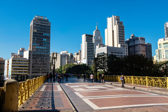 Sao Paulo/Sao Paulo/Brazil - 08 07 2019:  Santa Ifigenia viaduct on downtown cityscape of Sao Paulo.