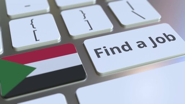 FIND A JOB text and flag of Sudan on the buttons on the computer keyboard. Employment related conceptual 3D animation