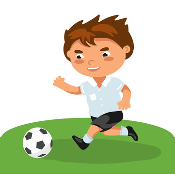 football boy Runs attacking, passes passes, active dynamic, movements. kid play with soccer ball. running school child playing in sport game. Vector illustration in flat style