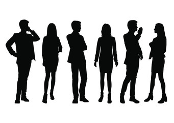 Vector silhouettes of  men and a women, a group of standing business people, black color isolated on white background