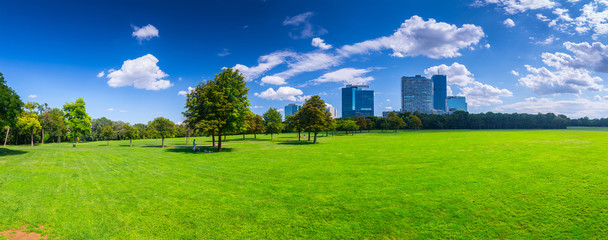 Panoramic landscape view of Pope's Meadow In Donaupark. Vienna. Austria. Summertime sunshine day,...