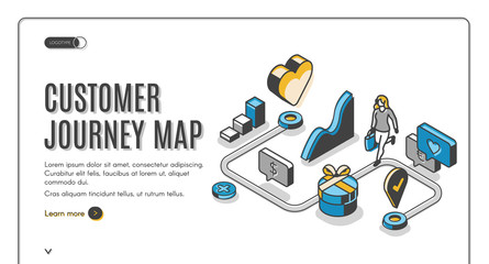 Customer journey map isometric web banner. Process of purchasing decision, buyer make purchase moving by specified route, promotion, search website. 3d vector illustration, line art, landing page - obrazy, fototapety, plakaty