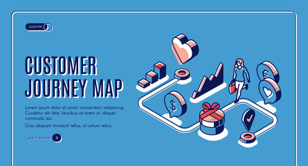 Customer journey map isometric landing page. Process of purchasing decision, buyer make purchase moving by specified route, promotion, search website. 3d vector illustration, line art, web banner - obrazy, fototapety, plakaty