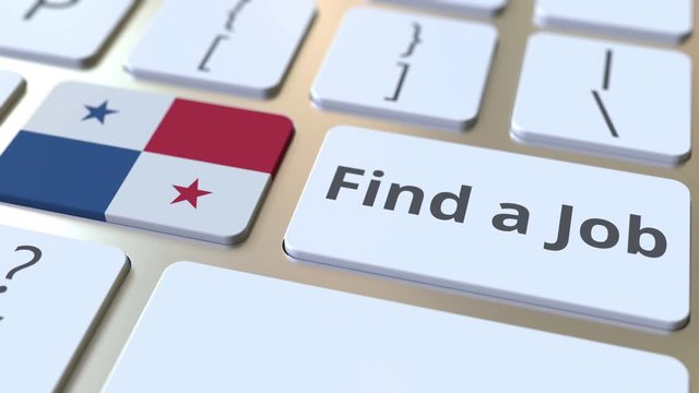 FIND A JOB text and flag of Panama on the buttons on the computer keyboard. Employment related conceptual 3D animation