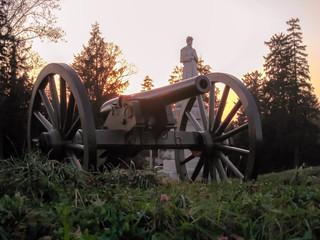 United States Civil War cannons at twilight in Gettysburg National Park, Pennsylvania (USA). 