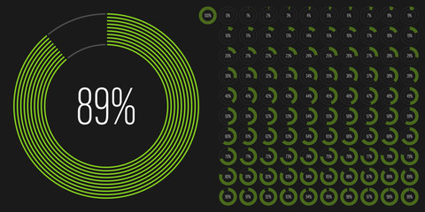 Set of circle percentage diagrams meters from 0 to 100 ready-to-use for web design, user interface UI or infographic - indicator with green