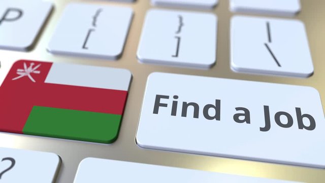 FIND A JOB text and flag of Oman on the buttons on the computer keyboard. Employment related conceptual 3D animation