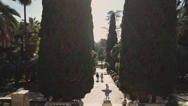 Loving couple holding hands are coming down the stairs in the beautiful cypress garden. Rooster statue in the front view.