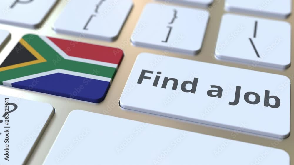 Poster find a job text and flag of south africa on the buttons on the computer keyboard. employment related