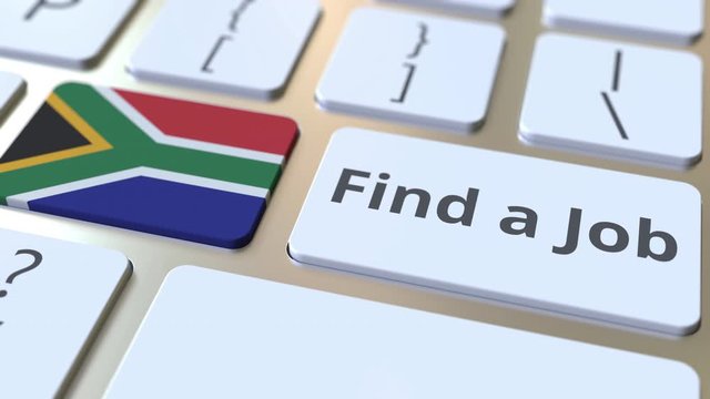 FIND A JOB text and flag of South Africa on the buttons on the computer keyboard. Employment related conceptual 3D animation
