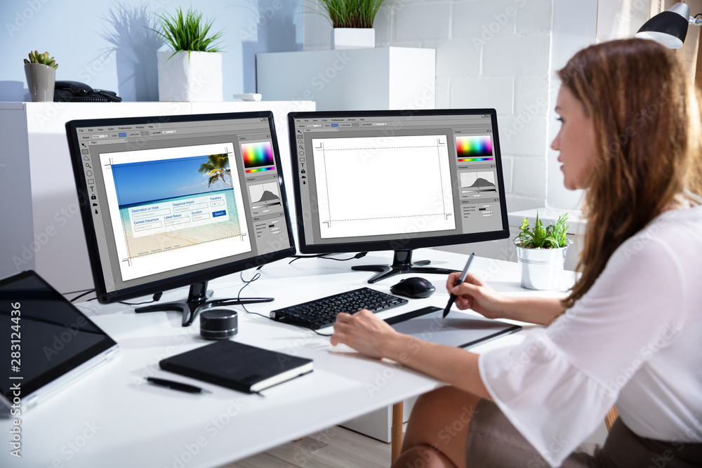 Poster female editor working on computer