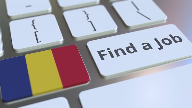 FIND A JOB text and flag of Romania on the buttons on the computer keyboard. Employment related conceptual 3D animation