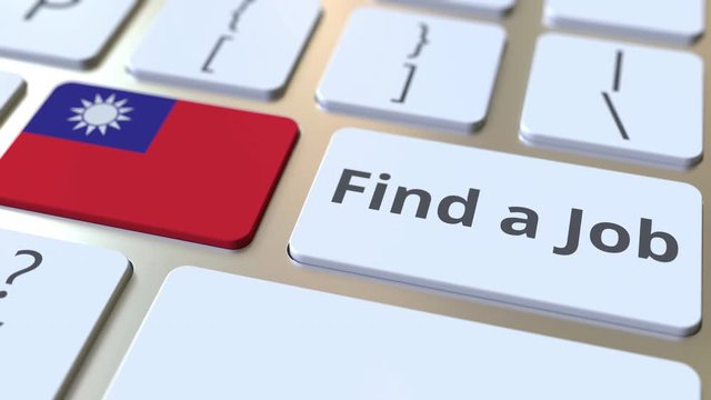 FIND A JOB text and flag of Taiwan on the buttons on the computer keyboard. Employment related conceptual 3D animation