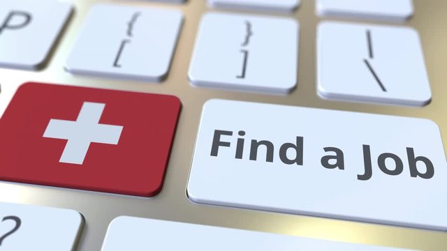 FIND A JOB text and flag of Switzerland on the buttons on the computer keyboard. Employment related conceptual 3D animation
