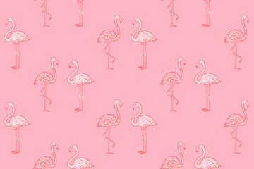 Seamless wallpaper with flamingos. Hand drawn cartoon birds. Print for polygraphy, shirts and textiles. Abstract texture. Pattern for design