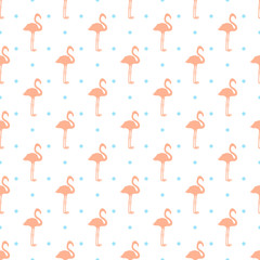 Seamless dotted wallpaper with flamingos. Cartoon birds. Print for polygraphy, shirts and textiles. Abstract texture. Pattern for design. Colorful illustration