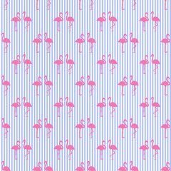 Seamless stripe wallpaper with flamingos. Hand drawn cartoon birds. Print for polygraphy, shirts and textiles. Colored texture. Pattern for your design
