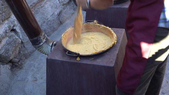 very rare video of traditional polenta in Rango Trentino town in Italy