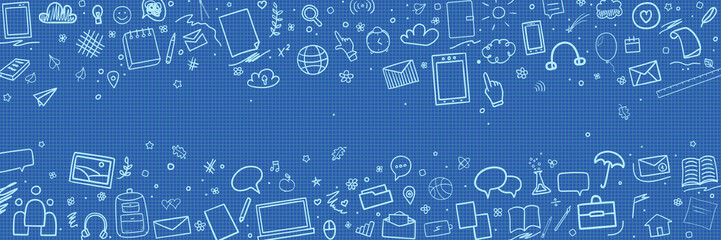 Abstract pattern with school supplies. Graphic paper background. Checkered texture. Back to school. Hand drawn elements. Education concept