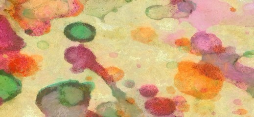 Watercolor abstract background on oil vintage paper. Colorful splashes of paint, chaotic bright spots. Pretty wallpaper and texture.