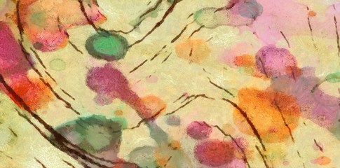 Watercolor abstract background on oil vintage paper. Colorful splashes of paint, chaotic bright spots. Pretty wallpaper and texture.