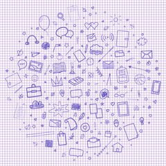 Abstract pattern with school supplies. Graphic paper background. Checkered texture. Back to school. Hand drawn elements. Education concept