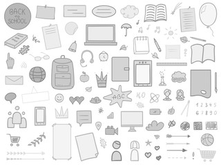 Back to school. Set of school supplies on isolated background. Big collection of different signs on white. Hand drawn elements. Welcome back to school design. Black and white illustration