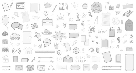 Back to school. Set of school supplies on isolated background. Big collection of different signs on white. Hand drawn elements. Welcome back to school design. Black and white illustration
