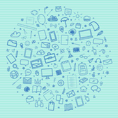 Abstract pattern with school supplies. Graphic paper background. Striped texture. Back to school. Hand drawn line backdrop. Education concept