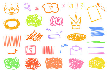 Colored hatching shapes with array of lines on white. Wavy samples. Hand drawn abstract signs. Colorful illustration. Sketchy elements for design