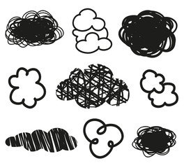Clouds on isolation background. Doodles on white. Hand drawn line art. Black and white illustration