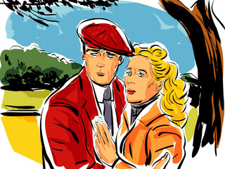 couple amour enlacé, peur,triste, dans un parc croquis dessin couleur aplat - 283129080