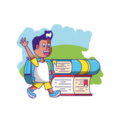 cute little student boy with bag school and stack books